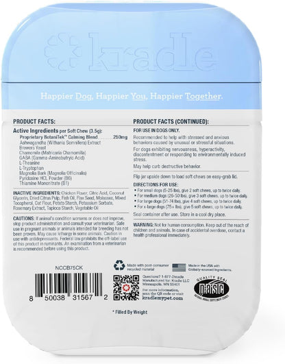 Kradle Calming Chews for Dogs - Anxiety and Stress Support - L-Theanine Ashwagandha GABA - Calming