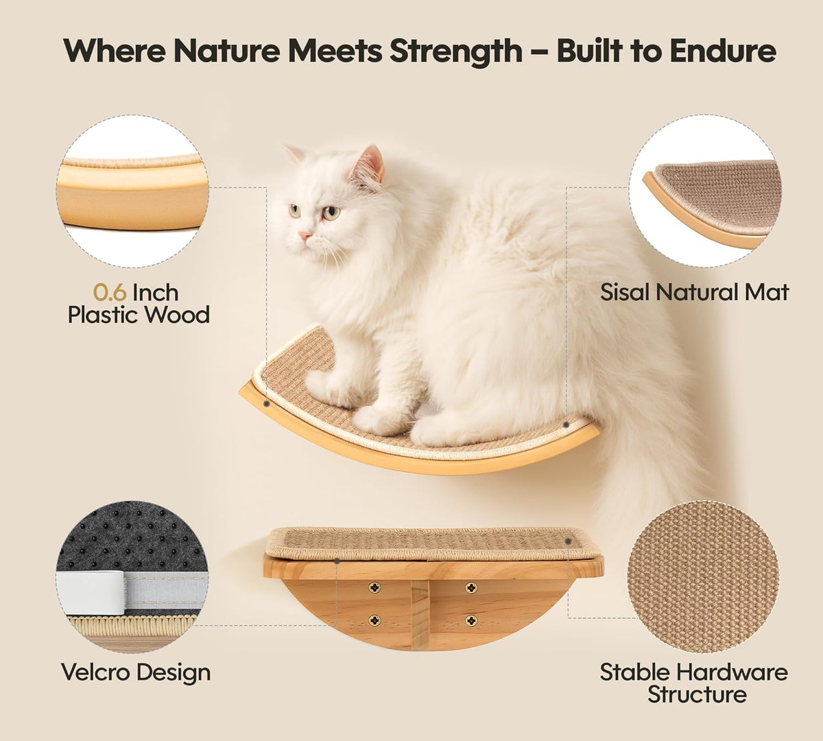 Wood Cat Wall Bed with Sisal Mat – Curved Cats Shelf for Scratching and Sleeping, Wall Mounted Cat