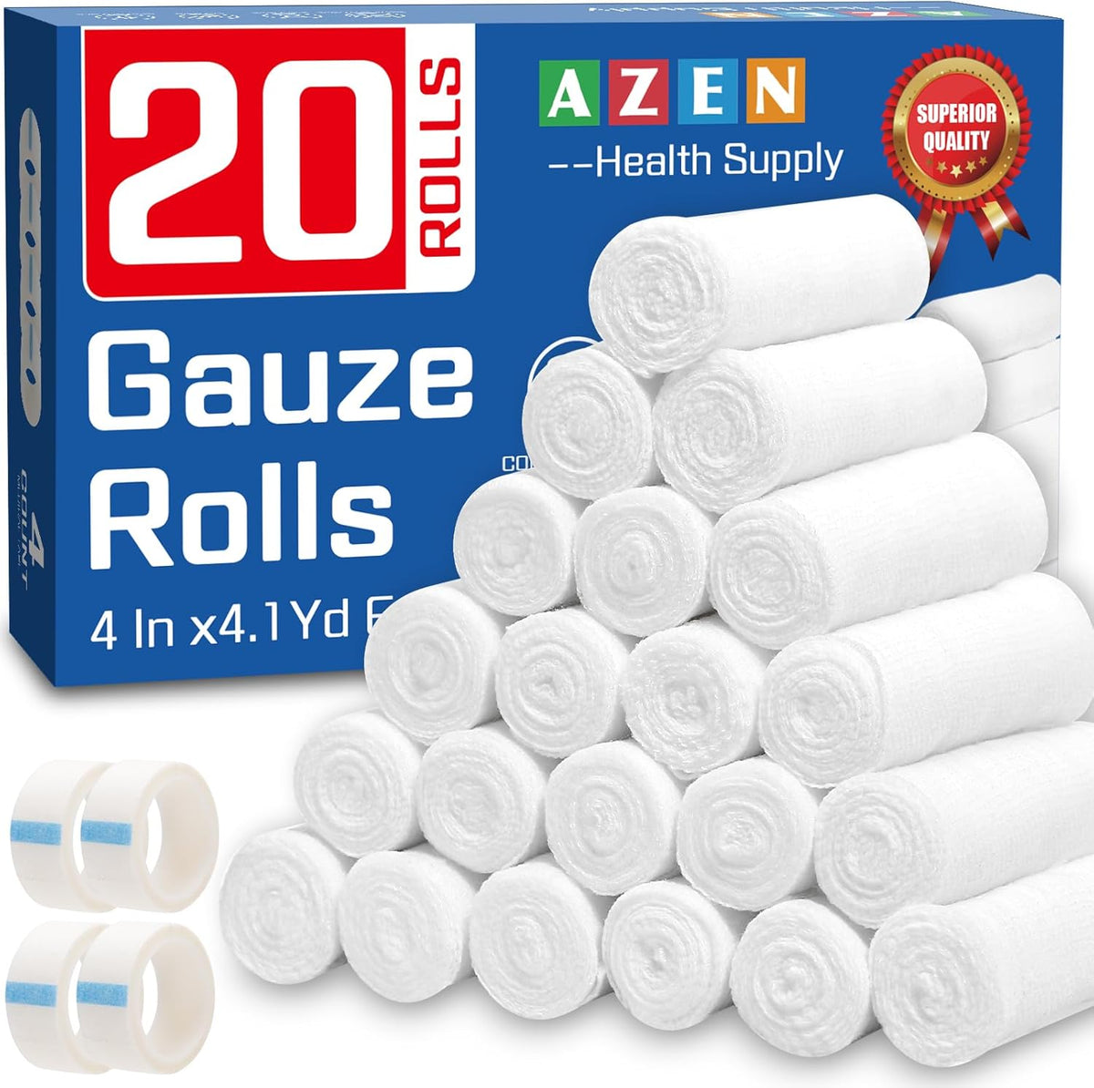 AZEN 20 Pack Gauze Rolls Bandages, 4 in x 4.1 Yards, Premium Medical Supplies & First Aid Supplies