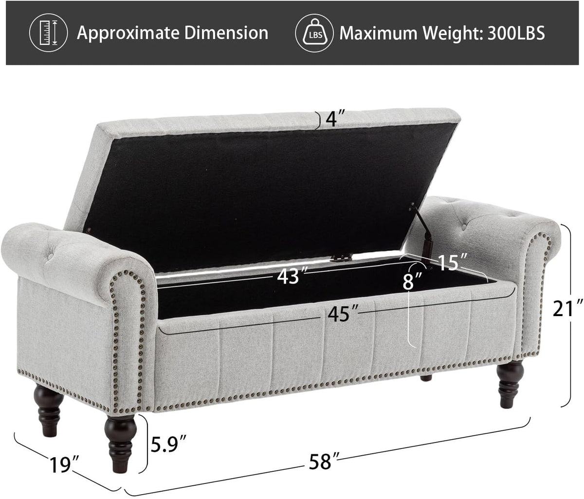 58’’ Storage Bench for Bedroom, Upholstered Button-Tufted Ottoman with Solid Wood Legs, Queen Size