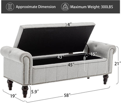 58’’ Storage Bench for Bedroom, Upholstered Button-Tufted Ottoman with Solid Wood Legs, Queen Size