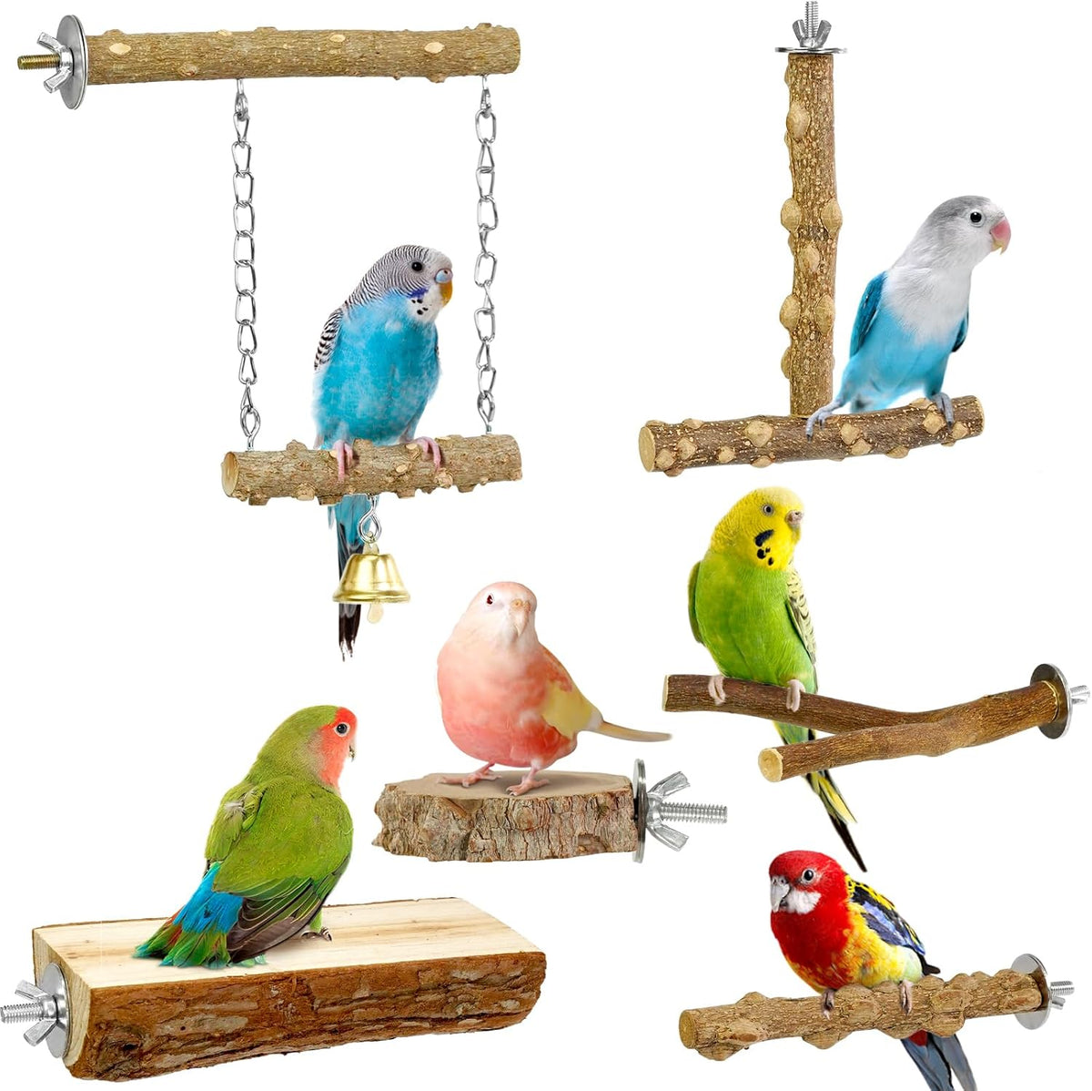 Bird Perches, 6pcs Natural Wood Birds Stand Branch, Bird Perch Chewing Stick Cage Accessories