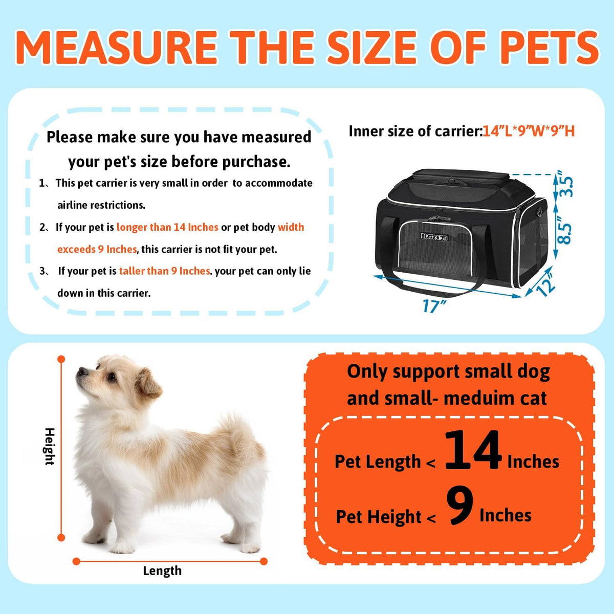 Petskd Top-Expandable Pet Carrier 17x12x8.5 Inches JetBlue Allegiant Spirit Airline Approved