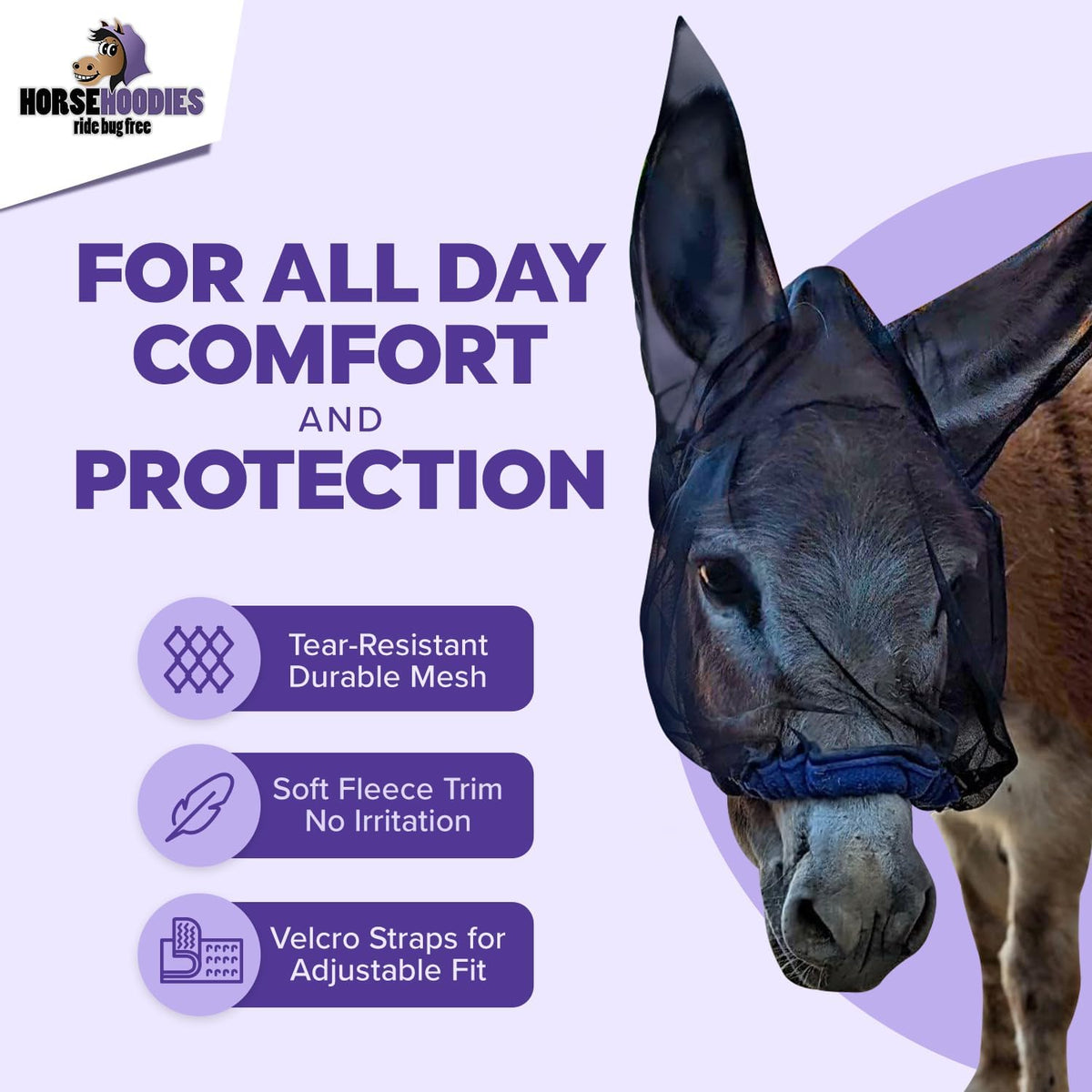 Donkey Fly Mask with Long Ears (Orange) Made in USA - Mule Fly Mask with Ears Protection from