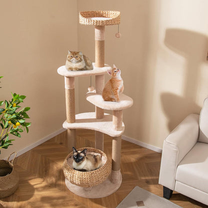 PETSITE 65 inch Cattail Cat Tree Tower, Multi-Level Cat Tower with Natural Jute Scratching Posts