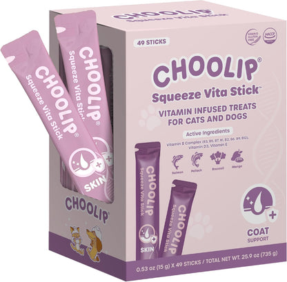 Grab & Go Squeeze Vita Stick Lickable Treats for Dogs & Cats. 49 Coat Support Sticks with Essential