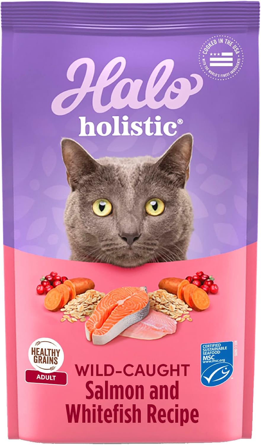 Halo Holistic Cat Food Wild Caught Salmon & Whitefish Formula, Healthy Grains Dry Cat Food