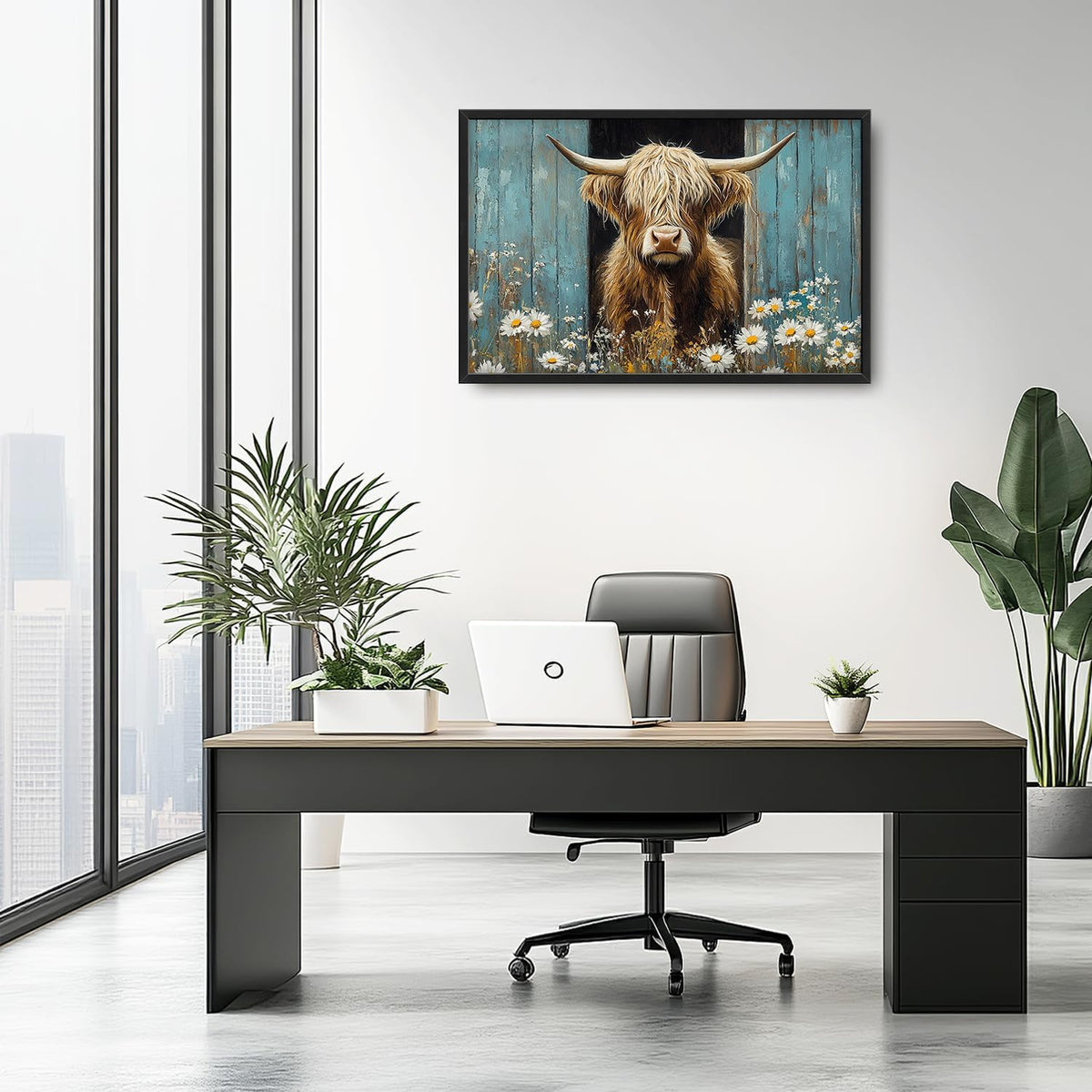Large Farmhouse Highland Cow Country Wall Art for Living Room, Floral Canvas Oversized Wall Decor