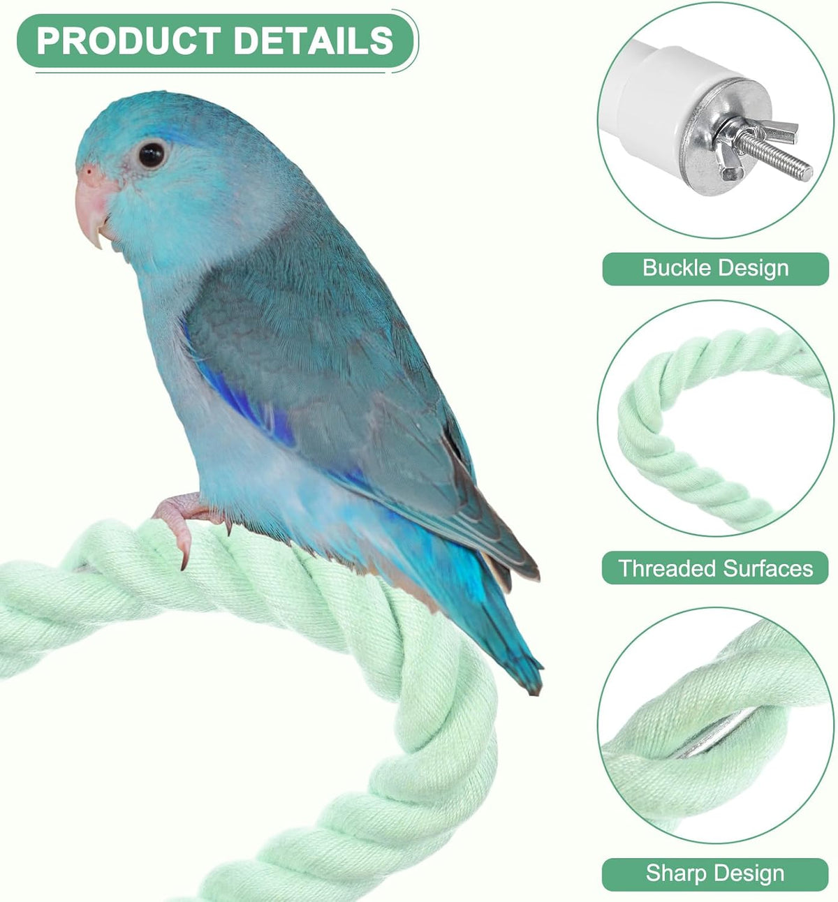 2-Pack Rope Perches for Bird Cages, 31.5 in Length Comfort Grip Flexible Rope Perch Beak & Paw