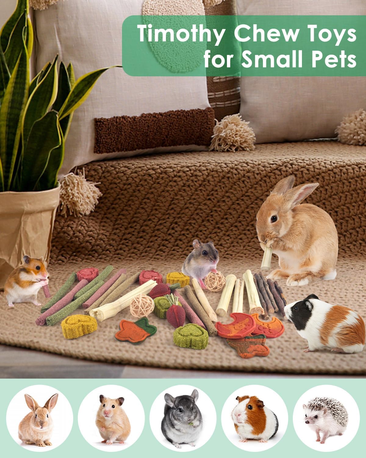 ERKOON 33PCS Bunny Chew Toys for Rabbits Teeth, Natural Rabbit Toys Apple Wood Sticks, Carrot