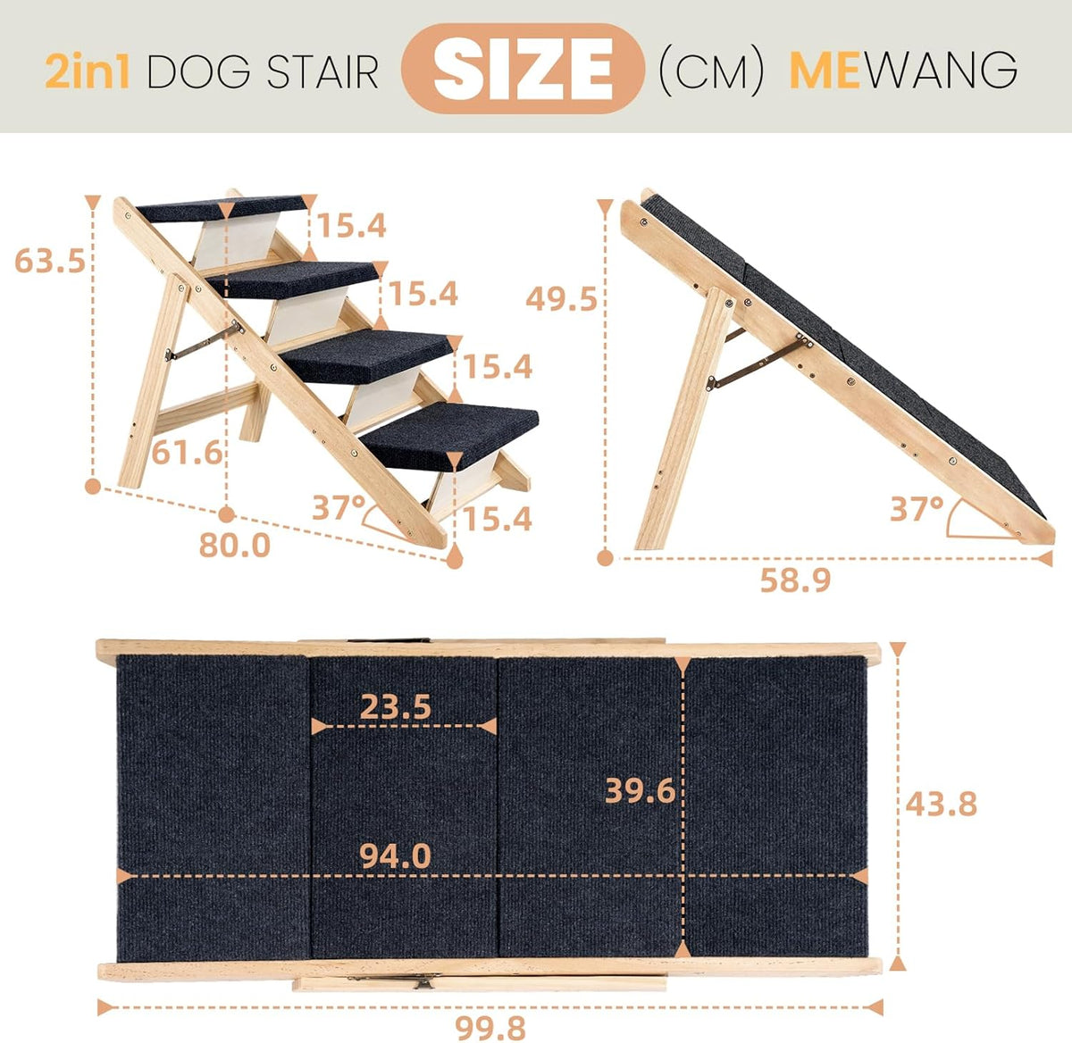 MEWANG Wood Pet Stairs & Ramp for Small/Medium Dogs and Cats, Aging Pets – 3-in-1 Foldable