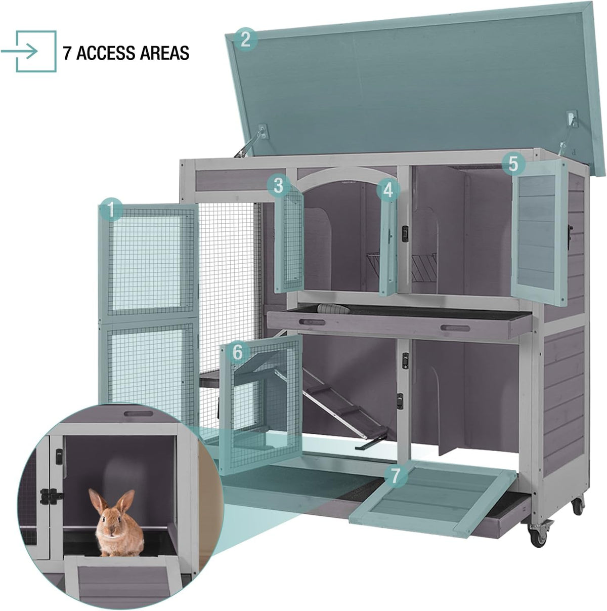2-Tier Indoor Rabbit Hutch Bunny House Guinea Pig Cage with Sliding Plastic Trays, Wheels & Ramp
