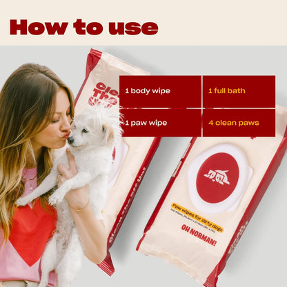 OH NORMAN! Clean Up Paw Wipes for Dogs (8x7) by Kaley Cuoco, Gentle Pet Grooming Wipes, Plant-Based