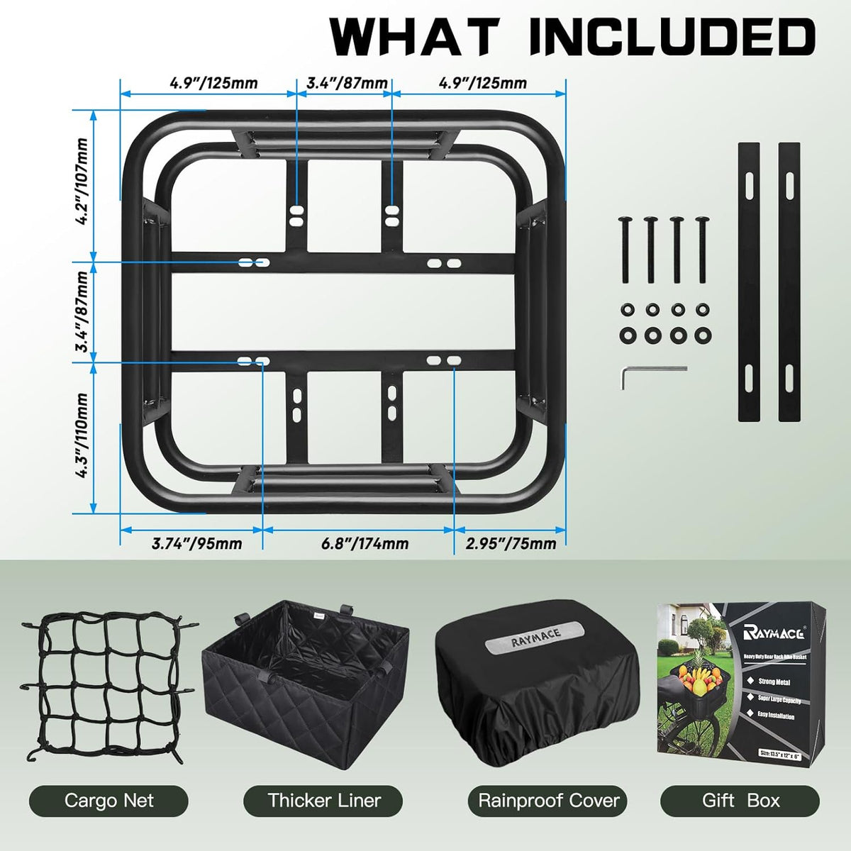RAYMACE Rear Rack Bike Basket with Cargo Net and Liner Large Bicycle Basket Perfect Mount for