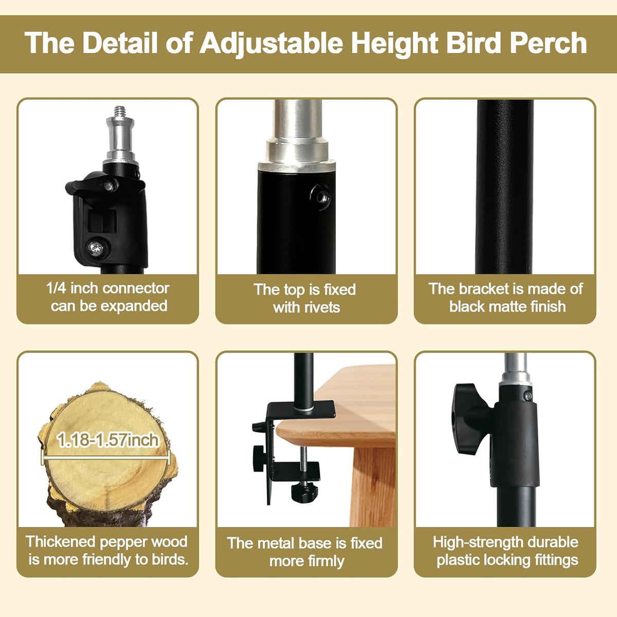 18-27 Inch Height Adjustable Bird Perch Pepper Wood Desktop Bird Training Perch Stand with Feeding