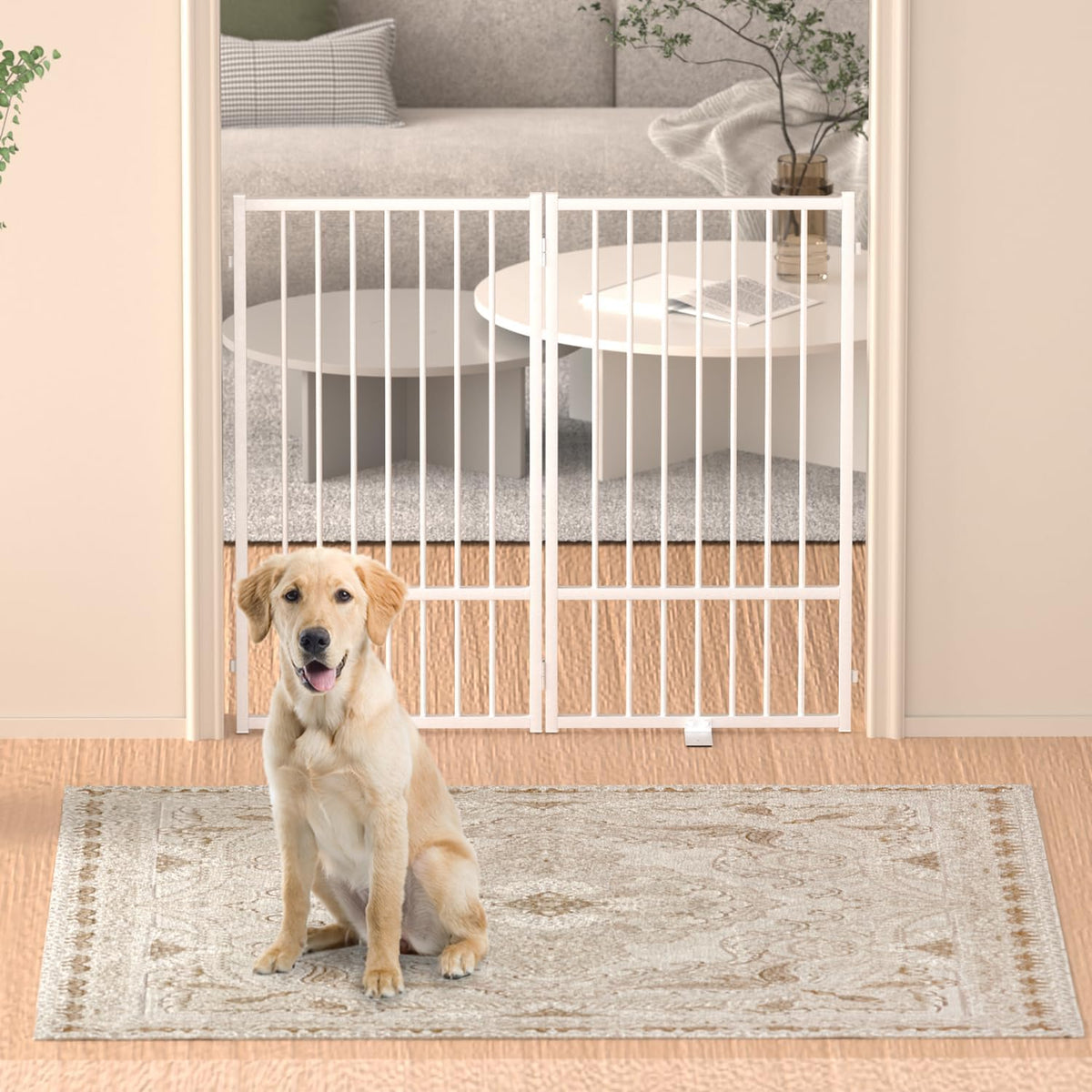 Full Metal Freestanding Dog Gate with Door, 36''Height Foldable Pet Dog Fence for Indoor & Outdoor