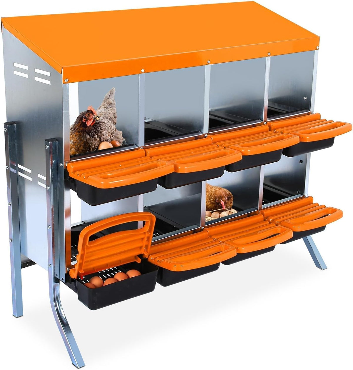 Chicken Nesting Boxes, 8 Hole Metal Chicken Laying Box with with Removable Trays and Roll Out Egg