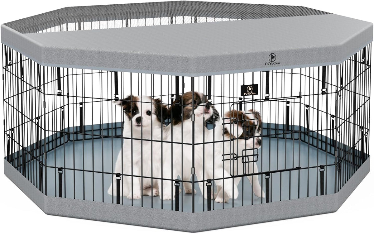 PJYuCien Dog Playpen, 8 Panels 24”H Dog Playpen Indoor with Grey Bottom Pad and Top Cover, Metal