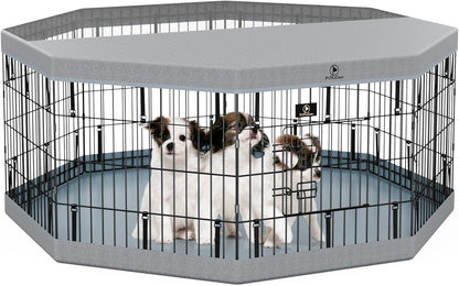 PJYuCien Dog Playpen, 8 Panels 24”H Dog Playpen Indoor with Grey Bottom Pad and Top Cover, Metal