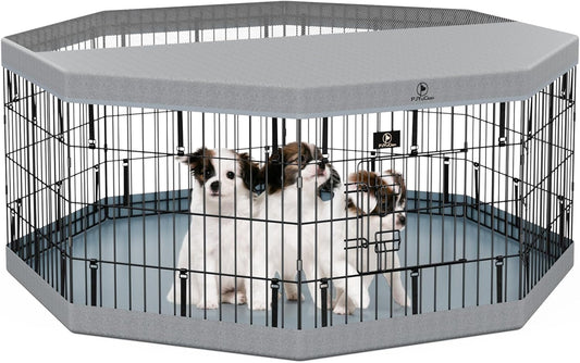 PJYuCien Dog Playpen, 8 Panels 24”H Dog Playpen Indoor with Grey Bottom Pad and Top Cover, Metal