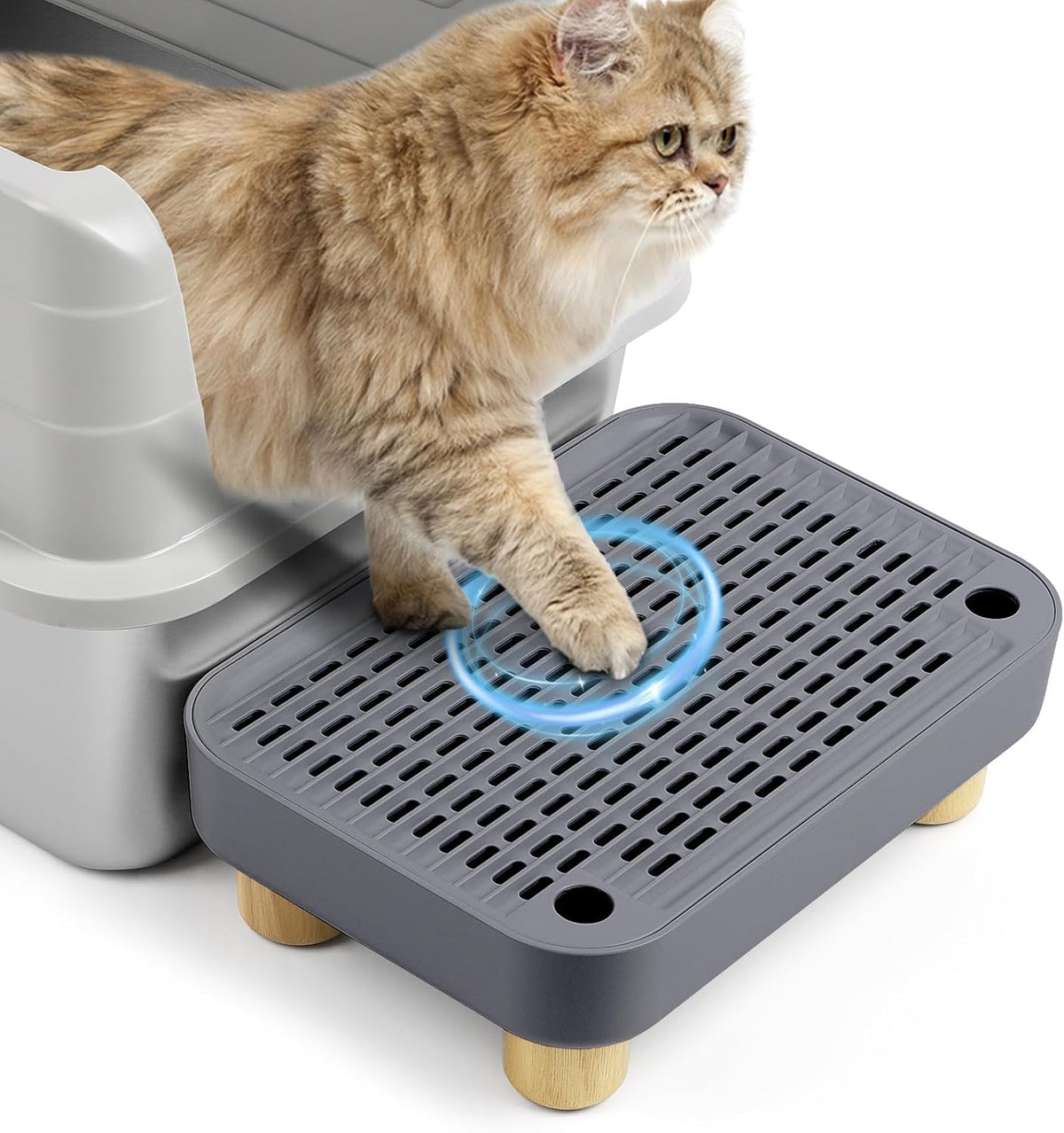 Cat Litter Box Step Ramp, Cat Litter Catcher Mat with Wooden Feet, Filter Function, Cat Pedal Stool