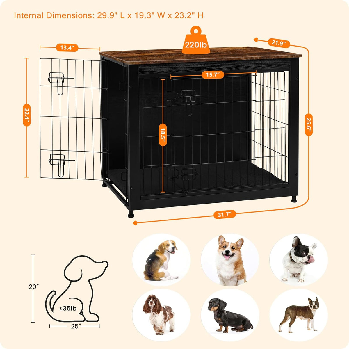 DWANTON Dog Crate Furniture with Cushion, Wooden Kennel Table with Double Doors, Indoor Dog House