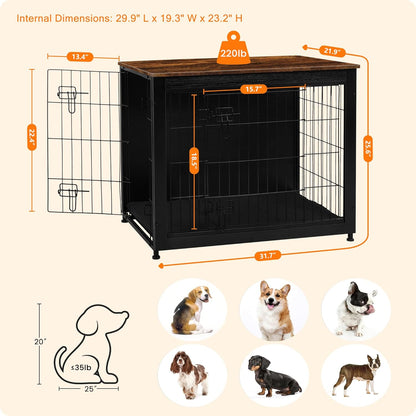 DWANTON Dog Crate Furniture with Cushion, Wooden Kennel Table with Double Doors, Indoor Dog House