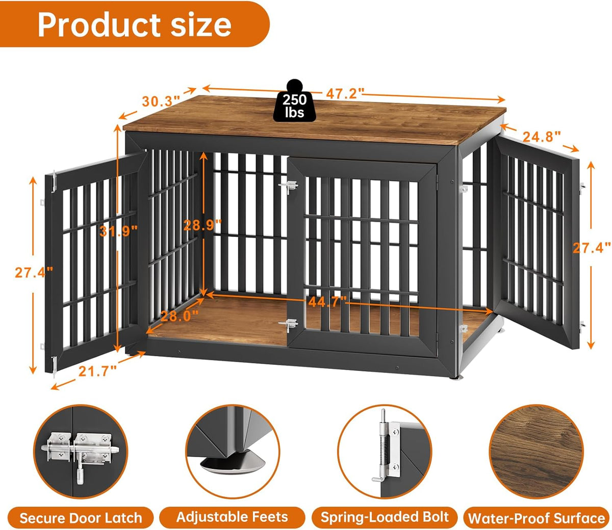 48" Heavy Duty Dog Crate Furniture for Small,Medium and Large Dogs,Rustic Wooden Dog Cage Kennel