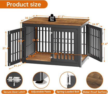 48" Heavy Duty Dog Crate Furniture for Small,Medium and Large Dogs,Rustic Wooden Dog Cage Kennel