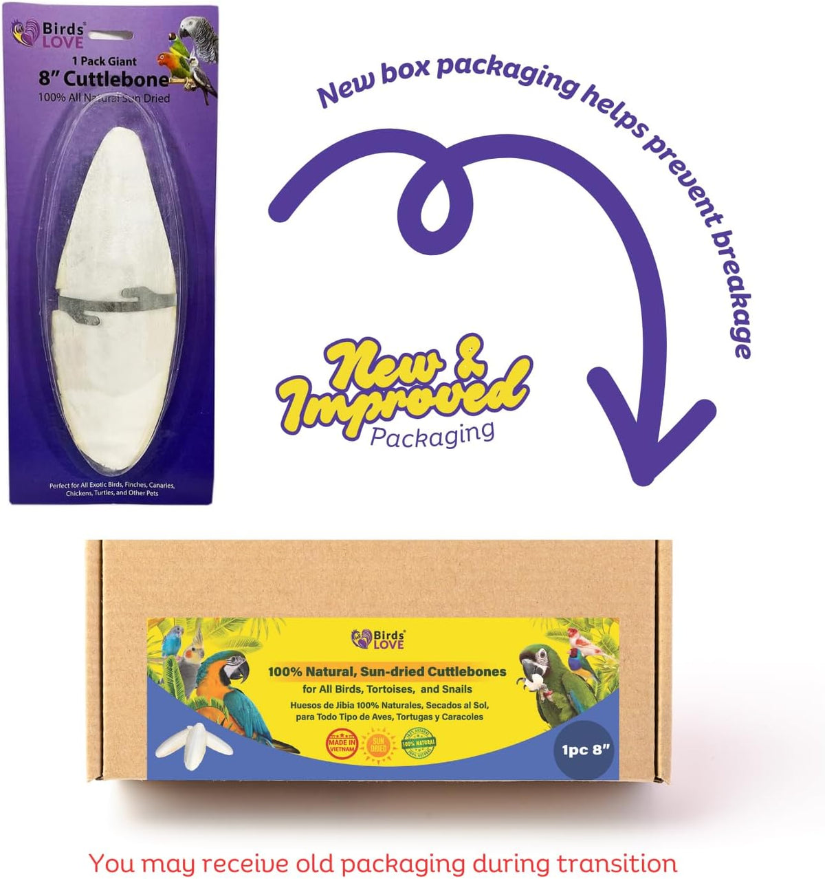 Birds LOVE 7.5" to 8" Natural Cuttlebone for Birds, Tortoises, Snails & Crabs (1 Pack) – 100% Pure