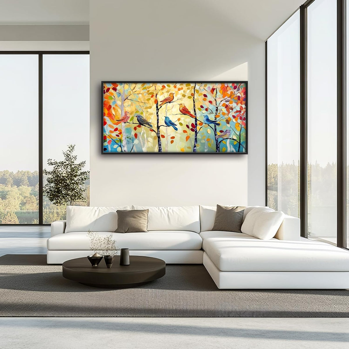 Extra Large Framed Abstract Bird Forest Wall Art,Colorful Birds Birch Tree Wall Decor Pictures for