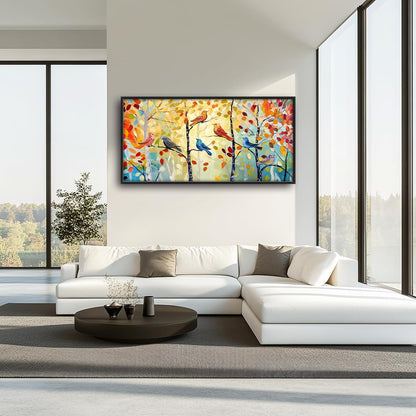 Extra Large Framed Abstract Bird Forest Wall Art,Colorful Birds Birch Tree Wall Decor Pictures for