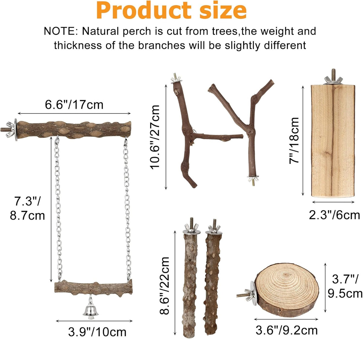 7PCS Bird Perches, Natural Wood Parrot Perch Stand, Bird Perch Chewing Stick Cage Accessories