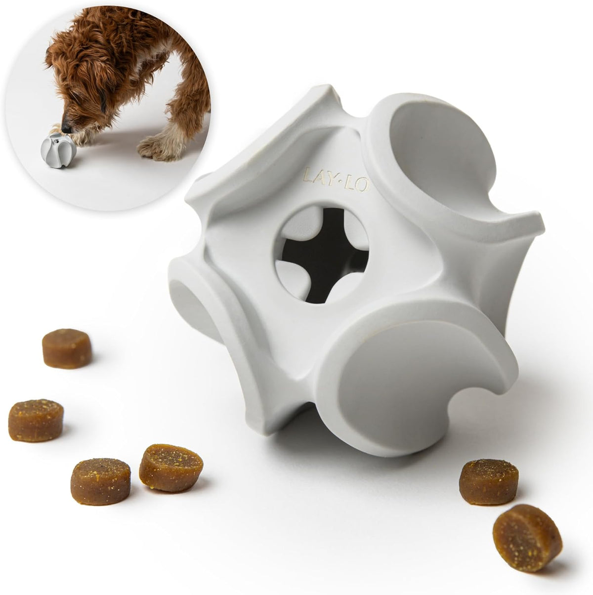 LAY LO Treat Dispensing Dog Toy – Natural Rubber Topple Toy for Chewing, Enrichment & Mental