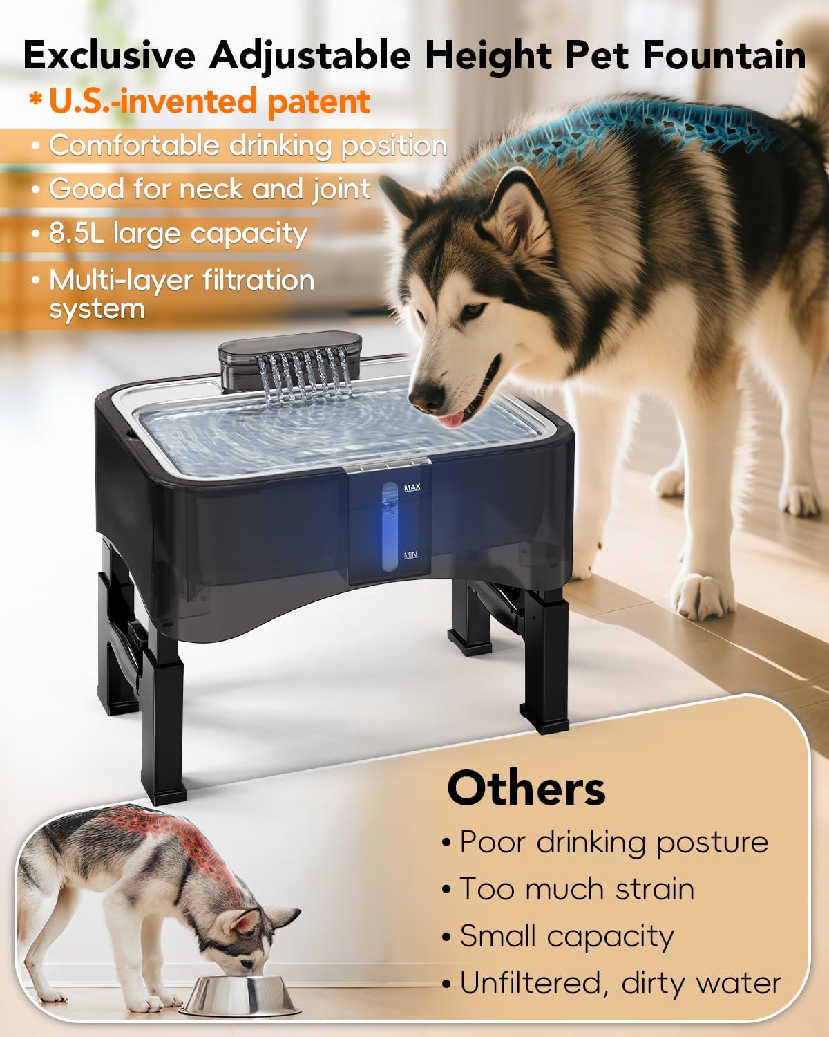 UPSKY 2.25Gal Elevated Dog Water Fountain, 4 Heights Adjustable Pet Fountain for All Dog Sizes, 304