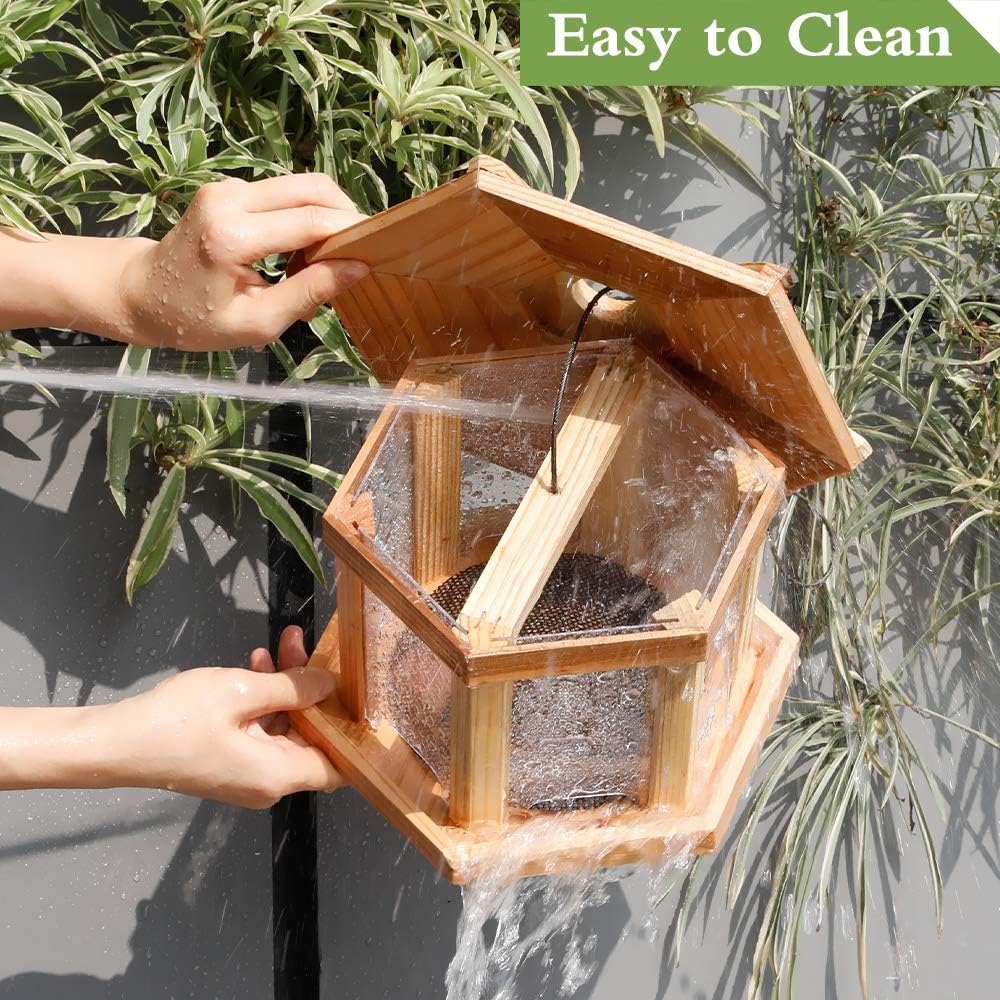 Solution4Patio Bird Feeder for Outdoors - USA Cedar Hexagon Gazebo Bird Feeders with Vented Mesh