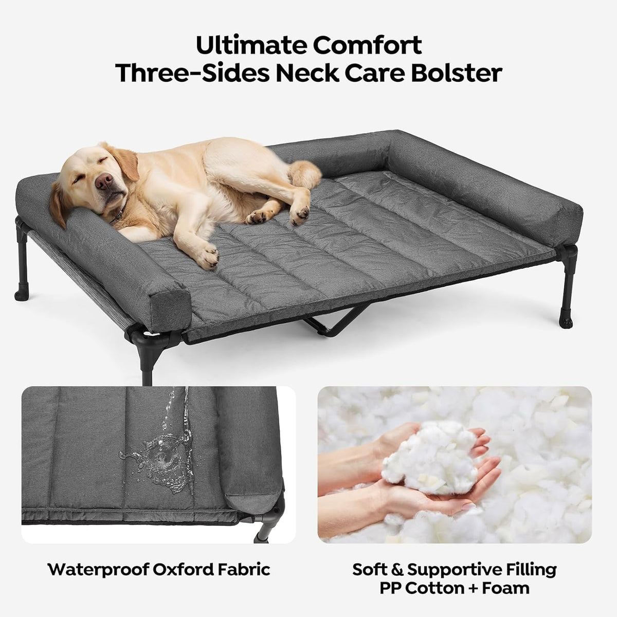 Veehoo Cooling Elevated Dog Bed Add Removable Waterproof Bolster Cushion Mat, Raised Pet Cot with