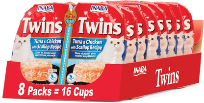 INABA Twins for Cats, Side Dish/Topper Cups, 1.23 Ounces per Serving, 16 Servings, Tuna & Chicken