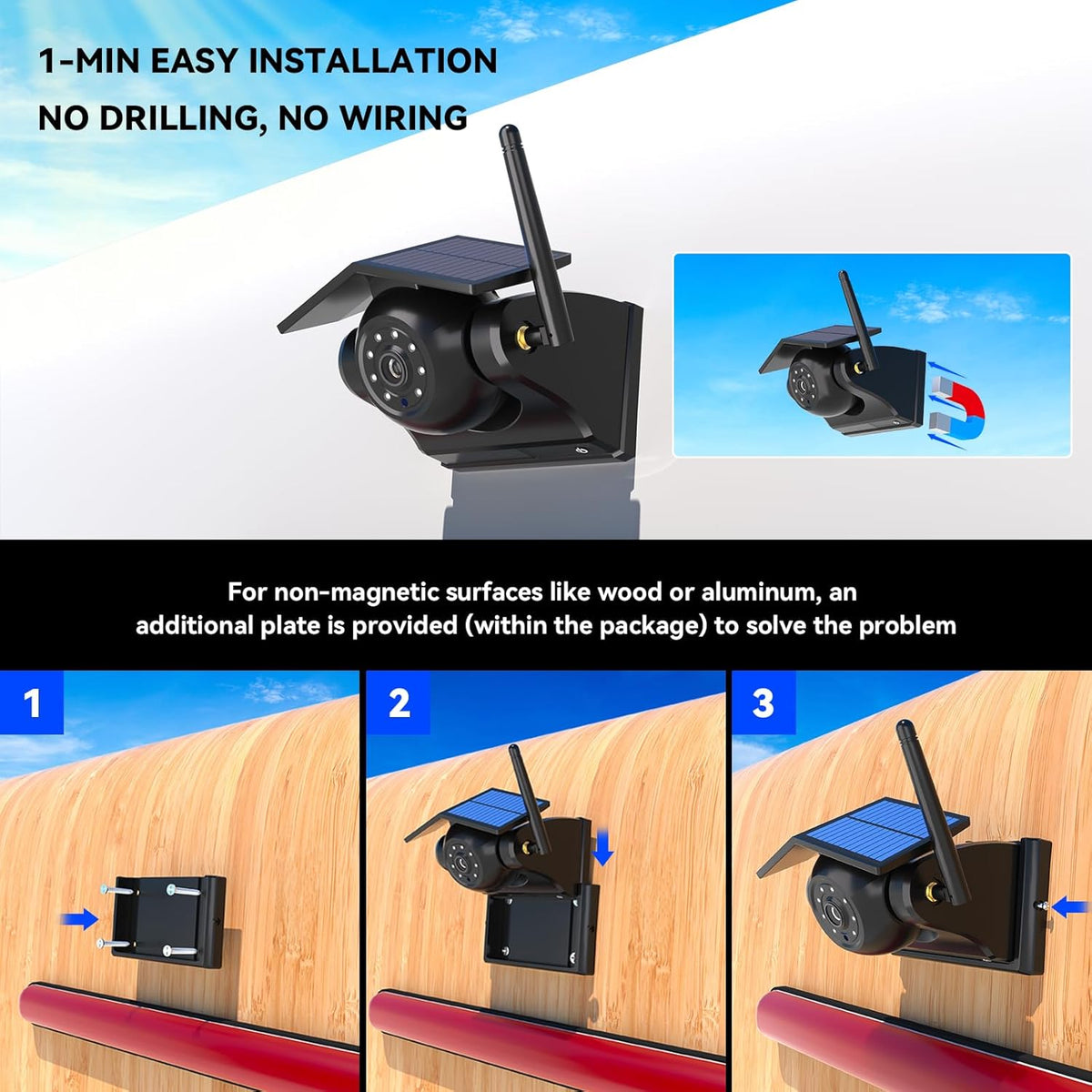 Magnetic Solar Wireless Backup Camera, 10000mAh Rechargeable Battery Powered Reversing Camera