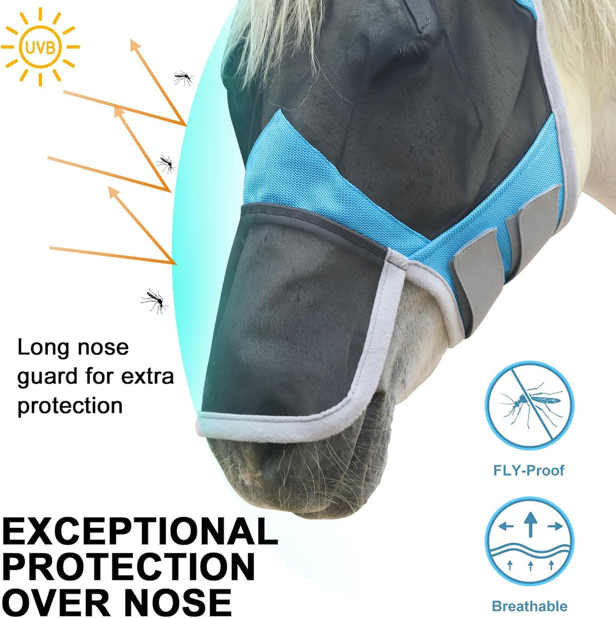 Horse Fly Mask with Ears & Long Nose Cover | Forelock Opening for Tangle-Free Mane Care | UV
