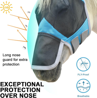 Horse Fly Mask with Ears & Long Nose Cover | Forelock Opening for Tangle-Free Mane Care | UV
