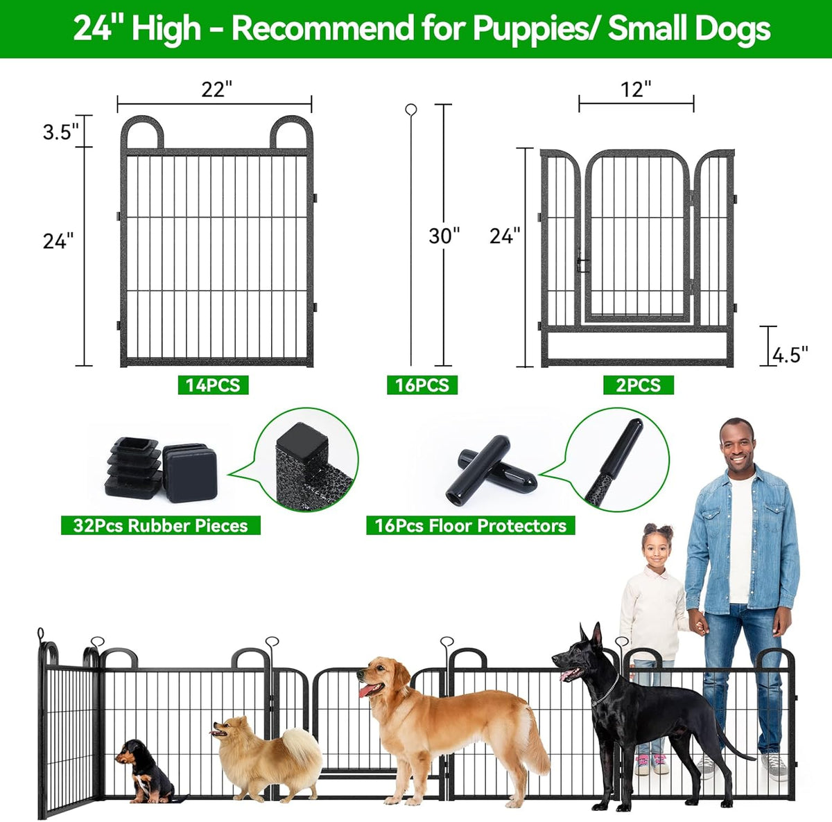 Puppy Playpen 16 Panels Small Dog Fence Outdoor Indoor Use 24" Height Anti-Rust with Doors Portable