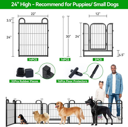 Puppy Playpen 16 Panels Small Dog Fence Outdoor Indoor Use 24" Height Anti-Rust with Doors Portable