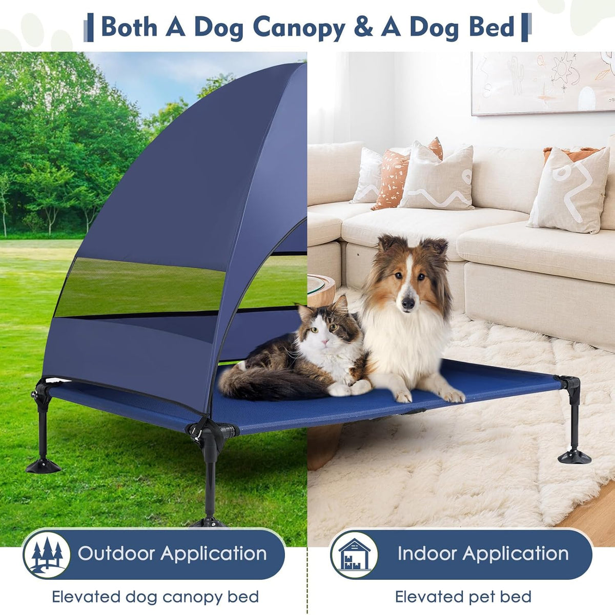 Upgraded Elevated Dog Bed with Canopy, Portable Raised Outdoor Dog Bed with Stable Anti-Slip Feet
