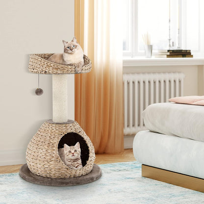 Tangkula Modern Cat Tree, Small Cat Tower with Natural Sisal Scratching Post, Hand-Made Wicker Cat