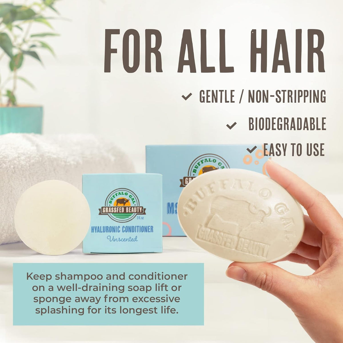 Grassfed Beauty - MSM Shampoo Bar + Hyaluronic Hair Conditioner Bar, Solid Bar Shampoo and