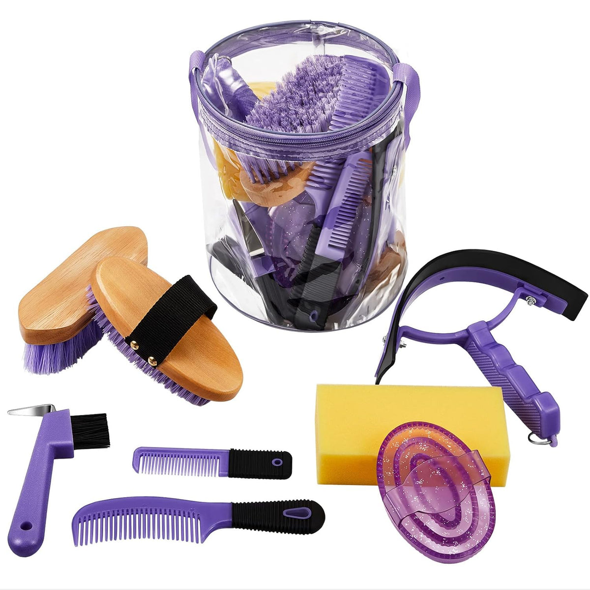 9 Pieces Horse Grooming Kit Tack Room Supplies Set with Organizer Tote Bag, Oval Massage Curry