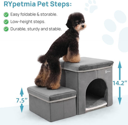 Foldable Pet Stairs for Beds & Sofas - Non-Slip Dog Steps with Storage for Small to Medium Dogs &