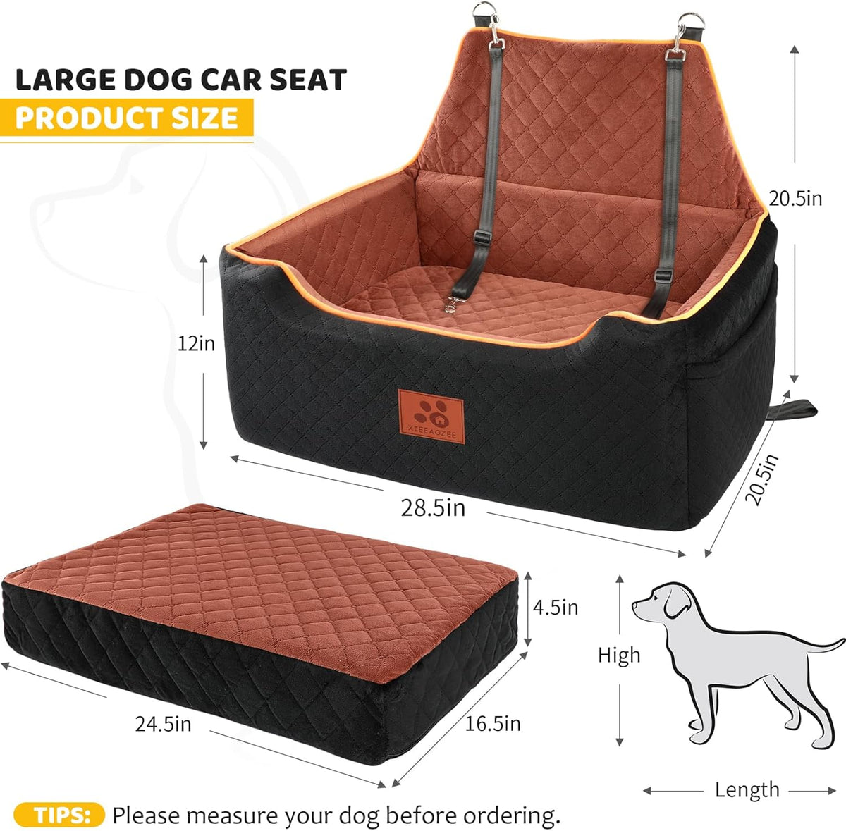 Dog Car Seat for Large/Medium Dog, Booster Seat for Dogs Under 55Lbs or 2 Small, Detachable and