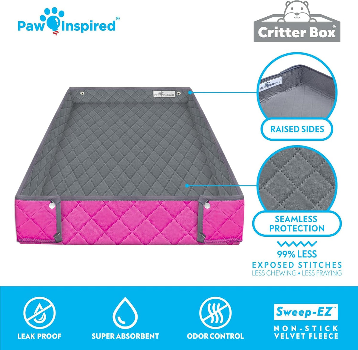 Paw Inspired Critter Box Washable Cage Liner, Reversible Fleece Bedding with Raised Sides for